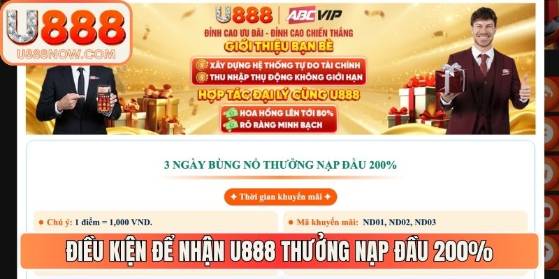 Những điều kiện để người chơi nhận U888 thưởng nạp đầu 200%
